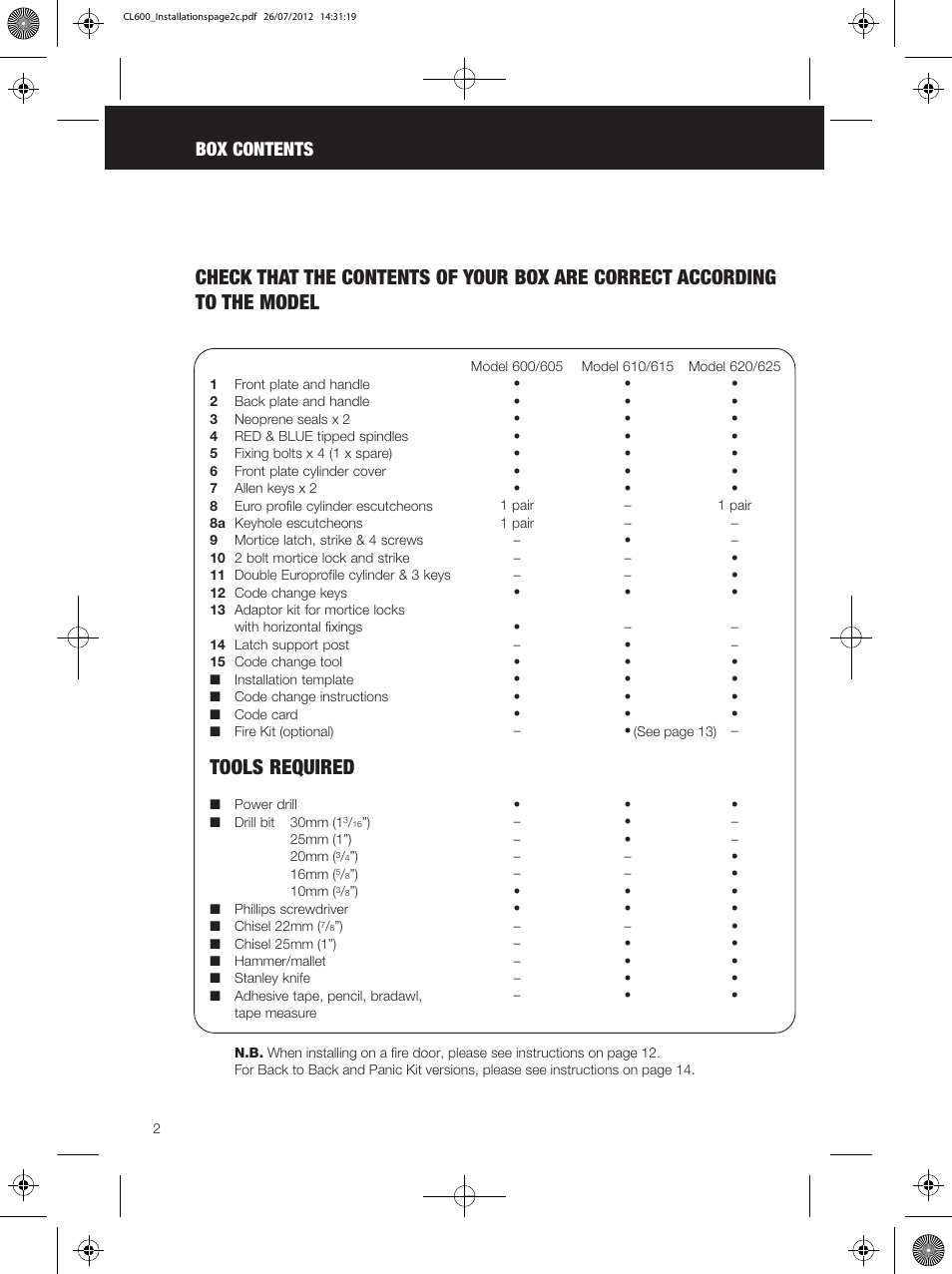 Tools required, Box contents | Codelocks CL625 Double Cylinder Mortice Lock User Manual | Page 2 / 16