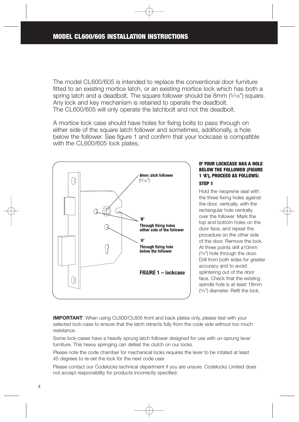 Codelocks CL625 Double Cylinder Mortice Lock User Manual | Page 4 / 16