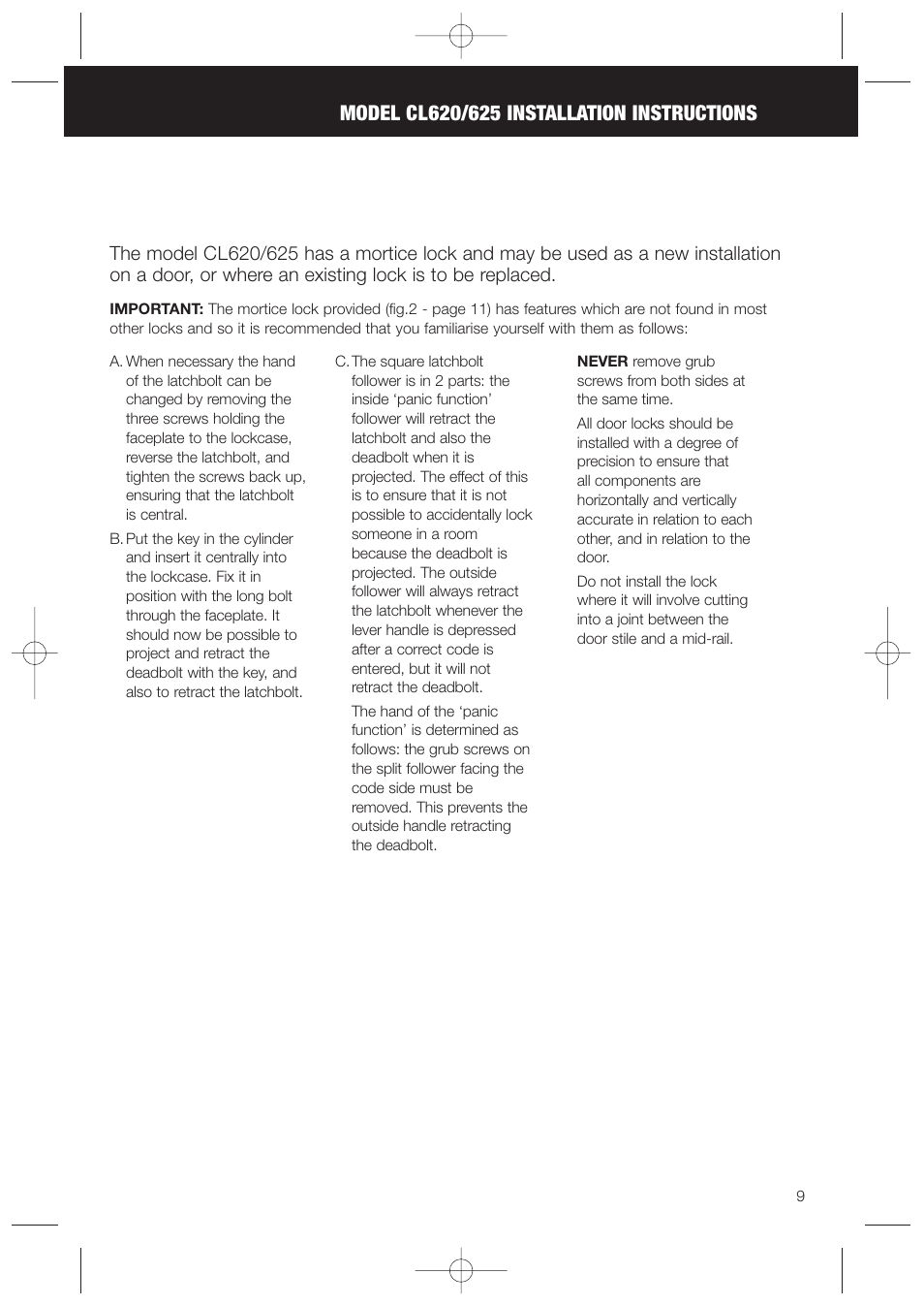 Codelocks CL625 Double Cylinder Mortice Lock User Manual | Page 9 / 16