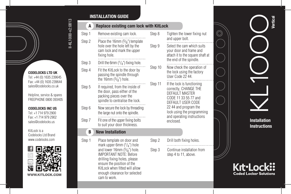 Codelocks KL1000 KitLock NetCode Locker Lock User Manual | 2 pages