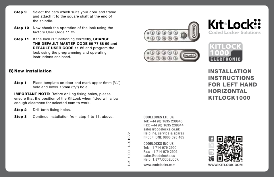 Codelocks KL1000 KitLock Locker Lock User Manual | 2 pages