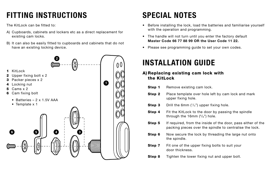 Installation guide, Fitting instructions | Codelocks KL1000 KitLock Locker Lock User Manual | Page 2 / 2