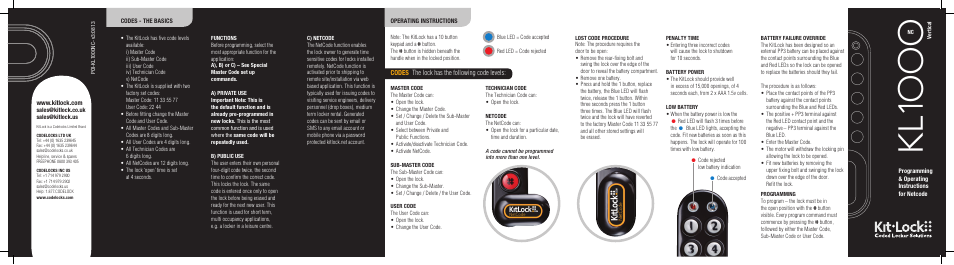 Codelocks KL1000 KitLock NetCode Locker Lock User Manual | 2 pages