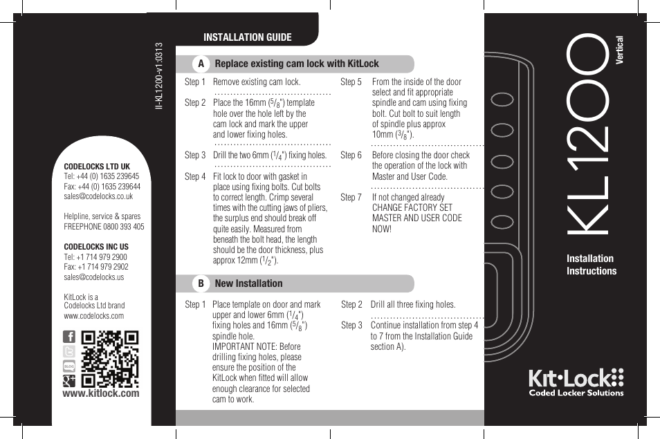 Codelocks KL1200 KitLock Locker Lock User Manual | 2 pages