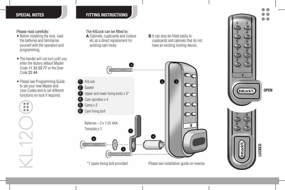Kl1 2oo | Codelocks KL1200 KitLock Locker Lock User Manual | Page 2 / 2