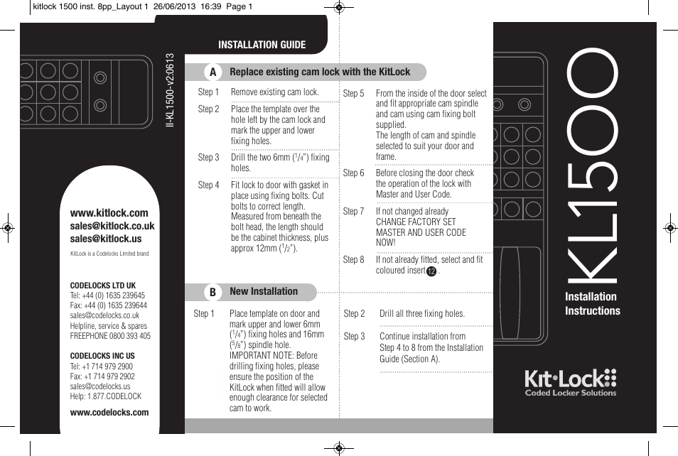 Codelocks KL1500 KitLock Locker Lock User Manual | 2 pages