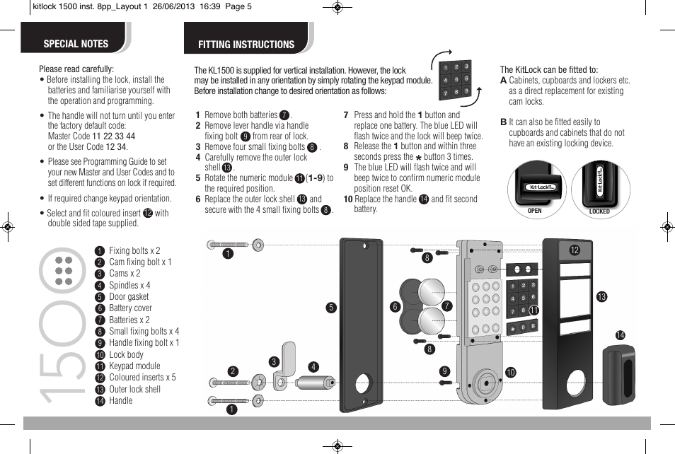 15 o o | Codelocks KL1500 KitLock Locker Lock User Manual | Page 2 / 2