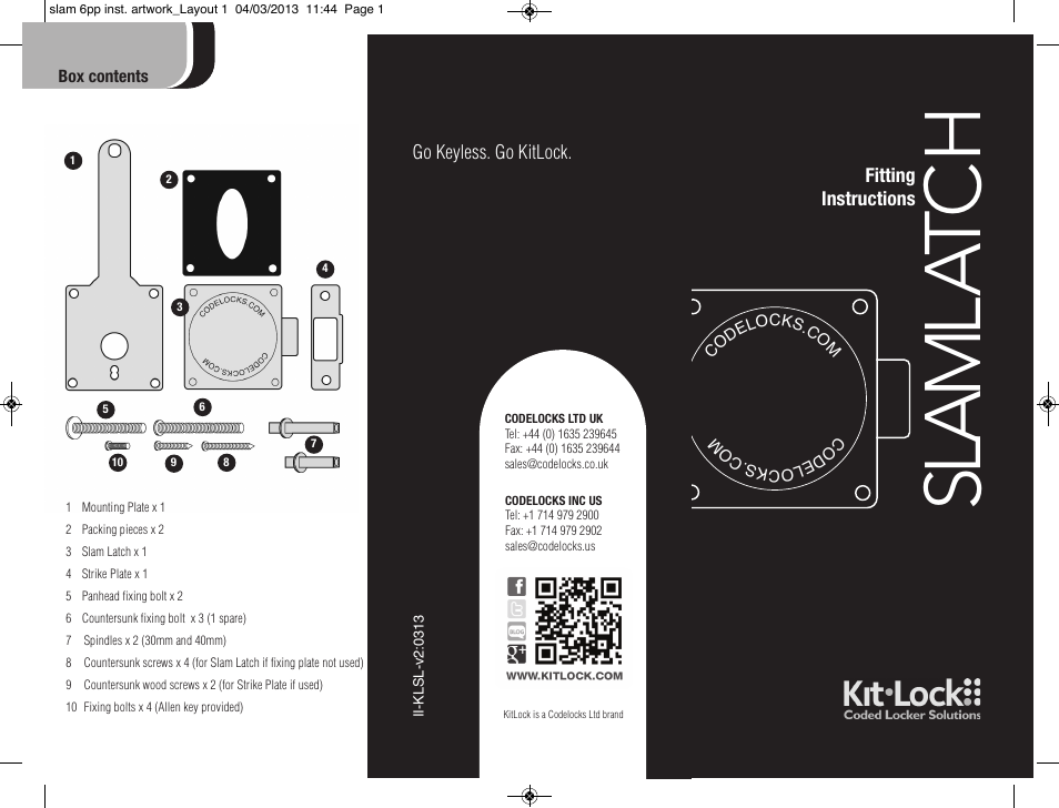 Codelocks Slam Latch for KitLock User Manual | 2 pages