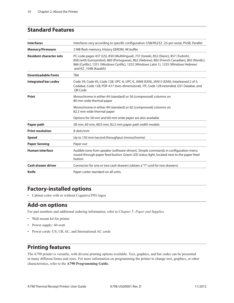 Standard features, Factory-installed options, Add-on options | Printing features | CognitiveTPG A798 User Manual | Page 10 / 32