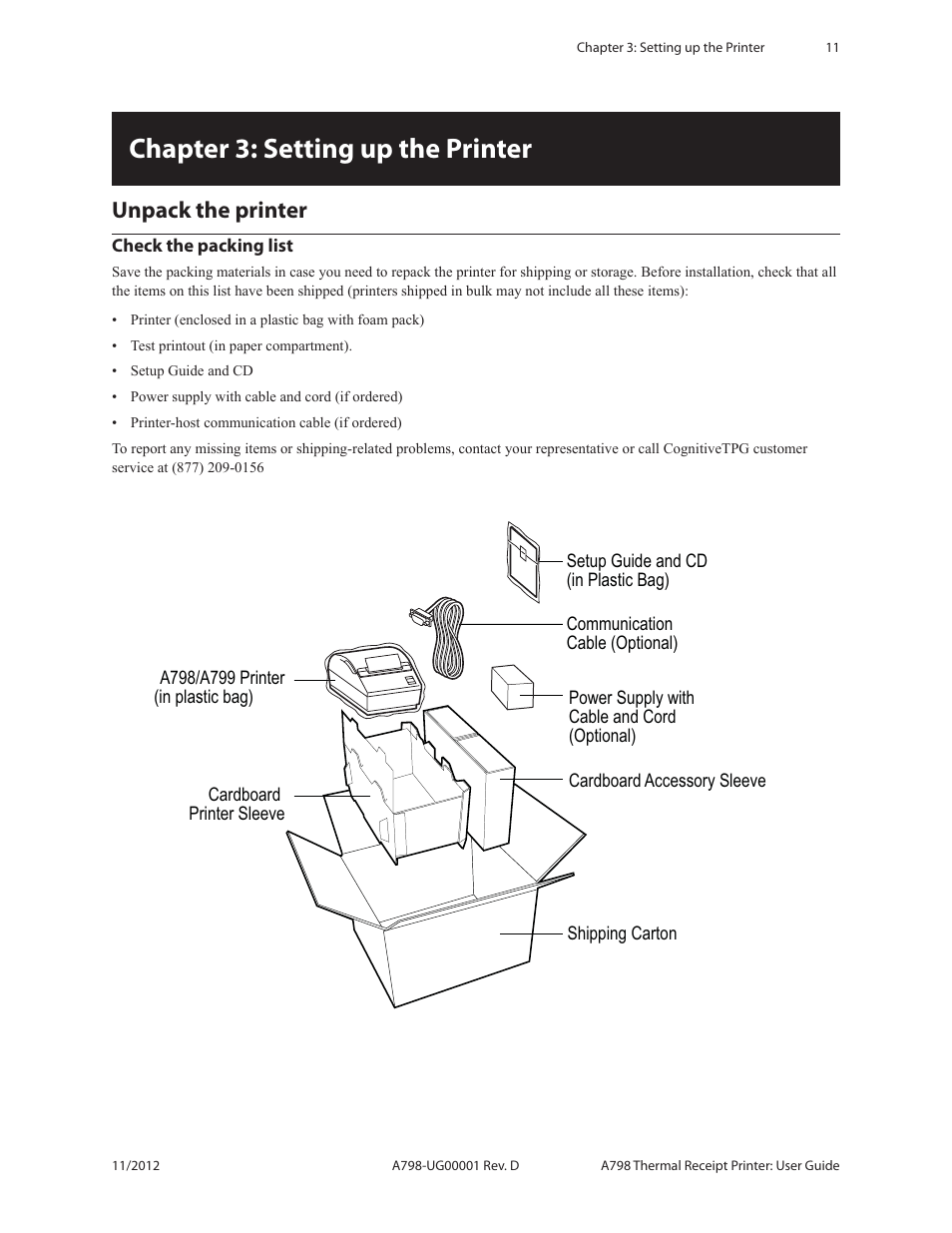 Chapter 3: setting up the printer, Unpack the printer check the packing list, Unpack the printer | CognitiveTPG A798 User Manual | Page 11 / 32