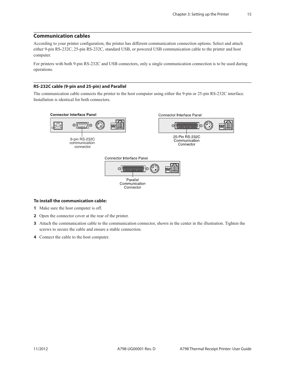 Communication cables, Rs-232c cable (9-pin and 25-pin) and parallel | CognitiveTPG A798 User Manual | Page 15 / 32