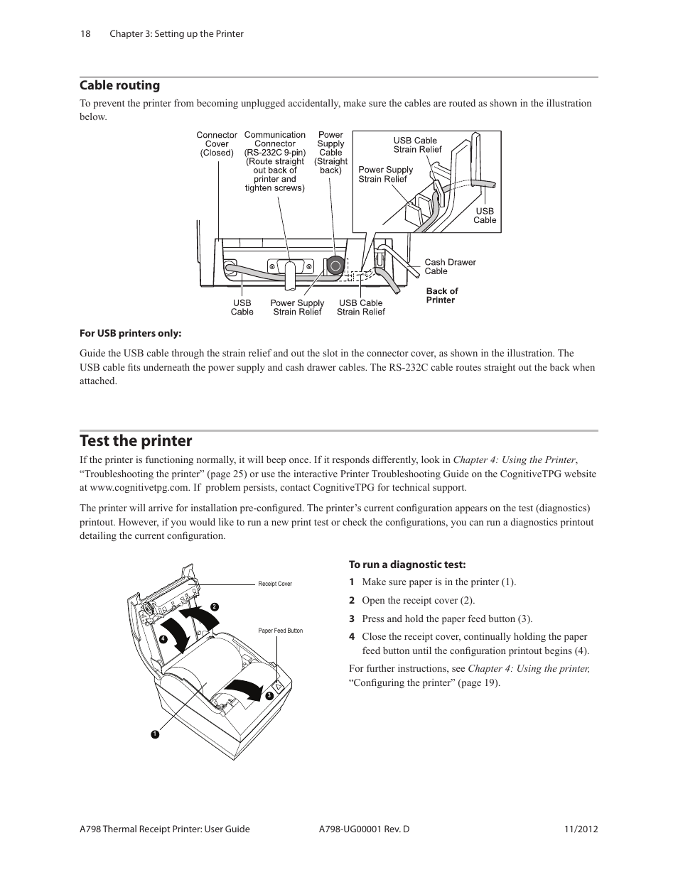 Cable routing test the printer, Test the printer, Cable routing | CognitiveTPG A798 User Manual | Page 18 / 32