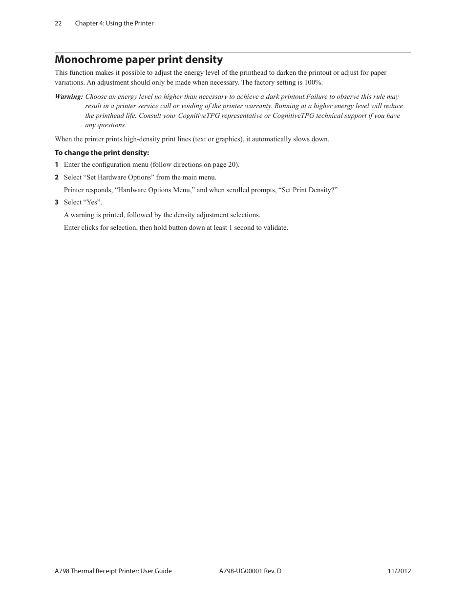 Monochrome paper print density | CognitiveTPG A798 User Manual | Page 22 / 32