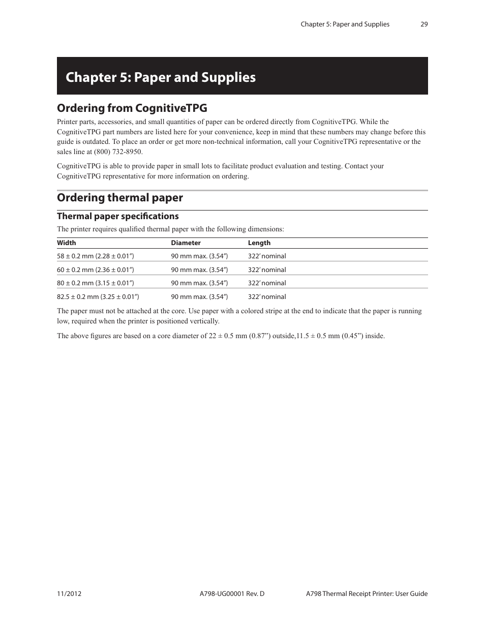 Chapter 5: paper and supplies, Ordering from cognitivetpg, Ordering thermal paper | CognitiveTPG A798 User Manual | Page 29 / 32