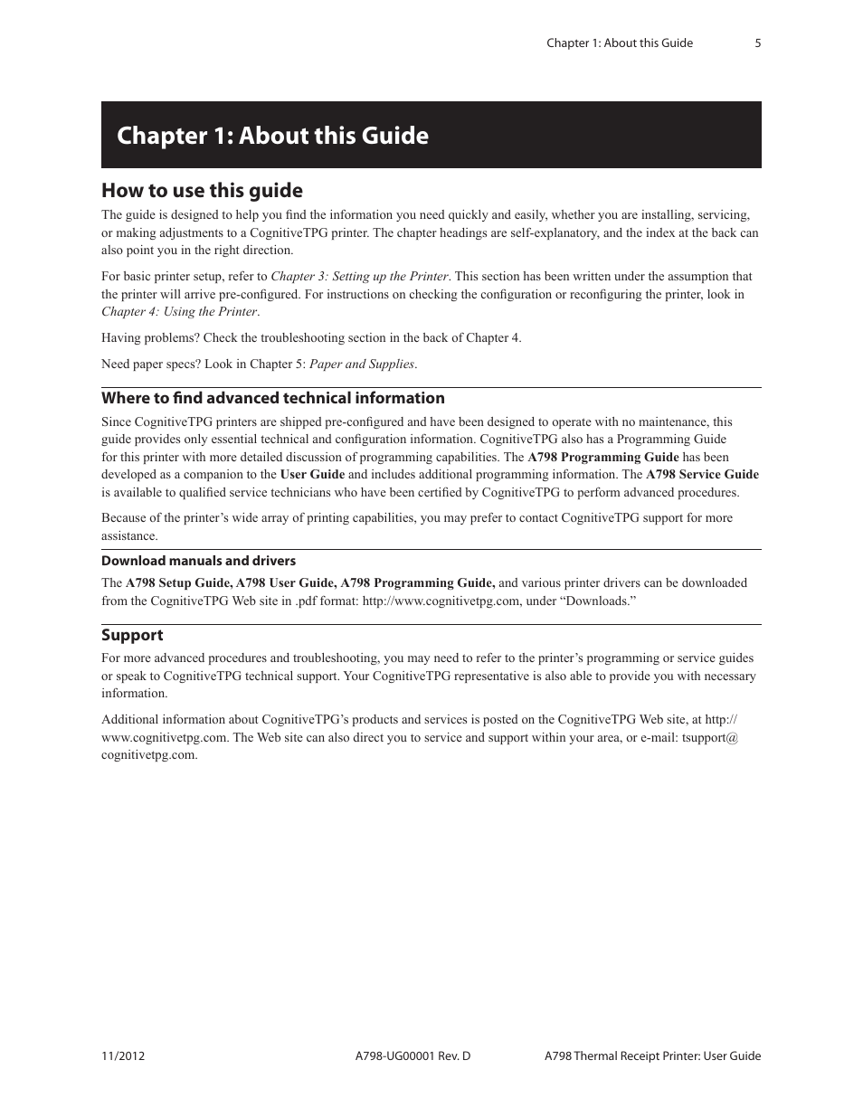 Chapter 1: about this guide, Download manuals and drivers, Support | How to use this guide | CognitiveTPG A798 User Manual | Page 5 / 32