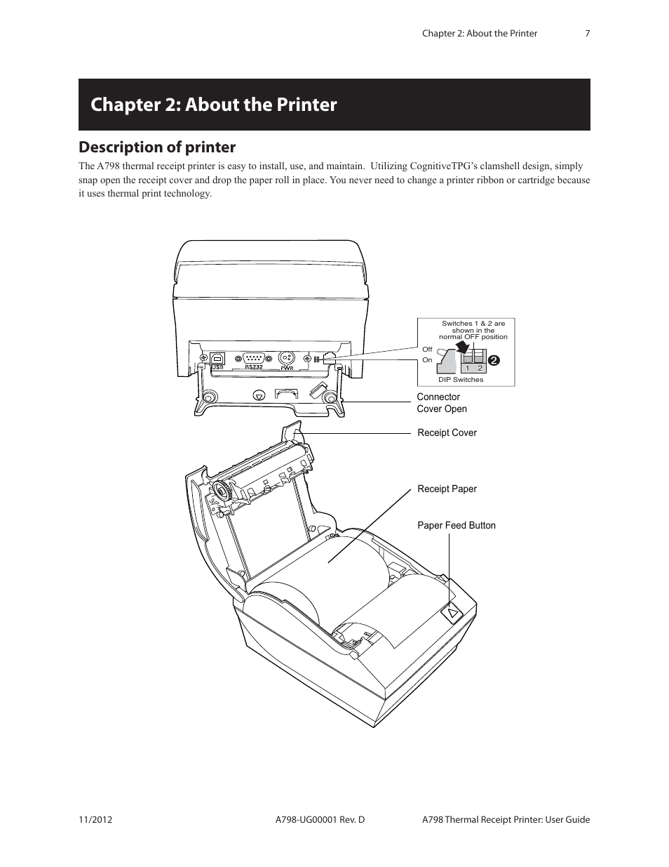 Chapter 2: about the printer, Description of printer | CognitiveTPG A798 User Manual | Page 7 / 32