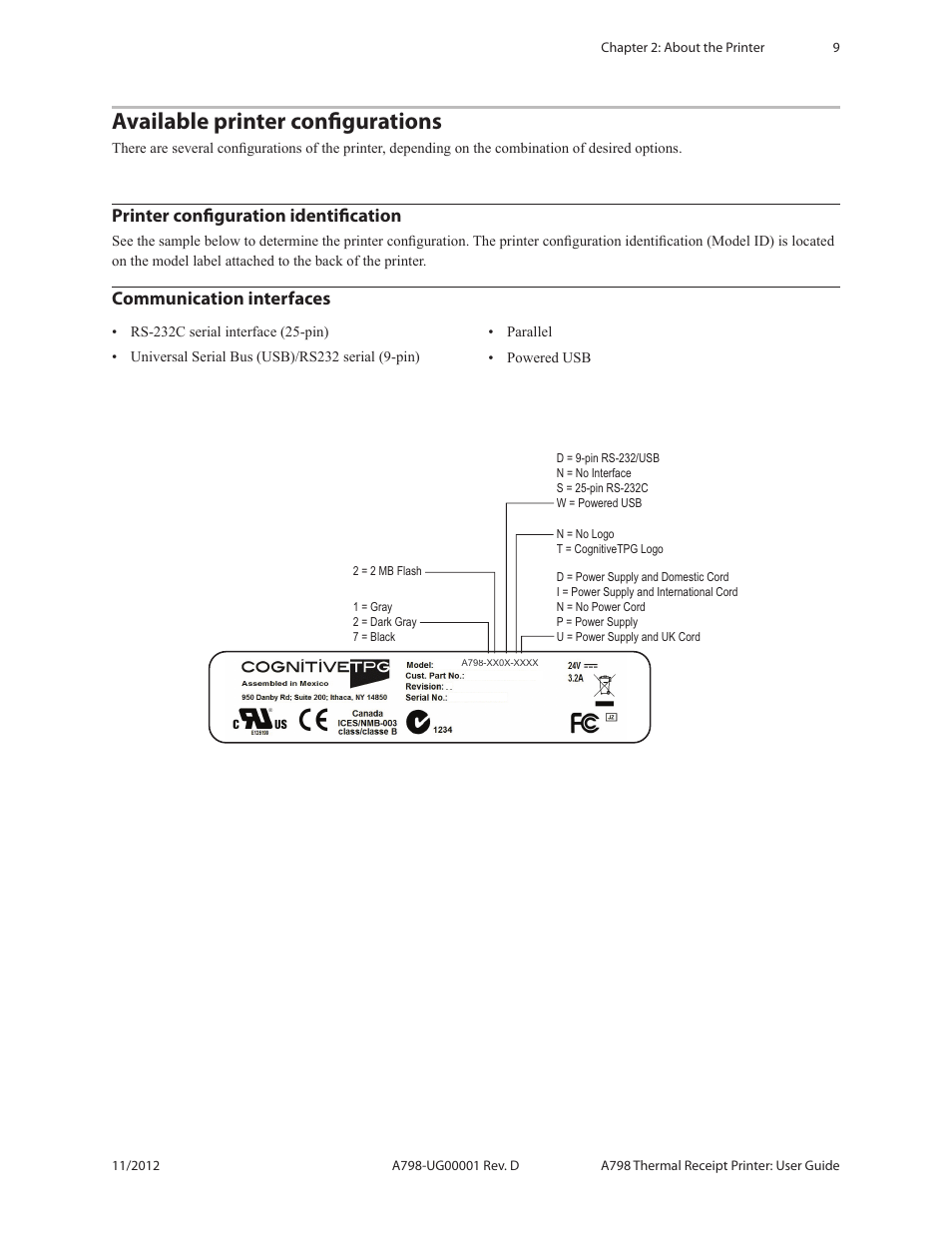 Available printer configurations, Printer configuration identification, Communication interfaces | CognitiveTPG A798 User Manual | Page 9 / 32
