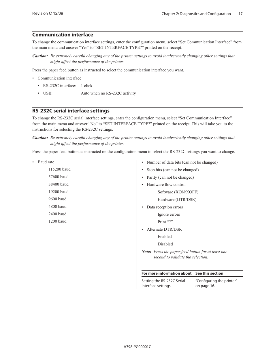 Communication interface, Rs-232c serial interface settings | CognitiveTPG A798 User Manual | Page 17 / 121