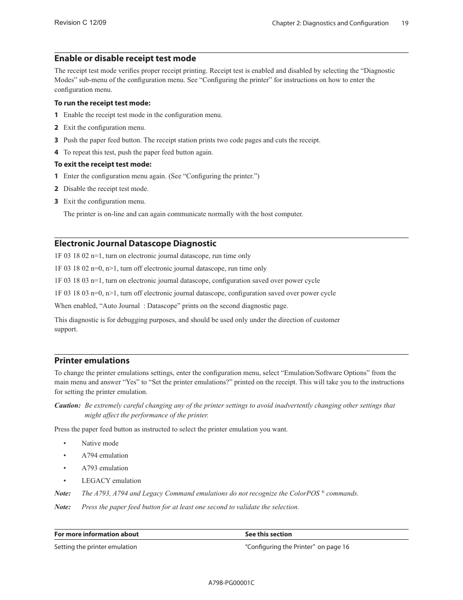 Enable or disable receipt test mode, Electronic journal datascope diagnostic, Printer emulations | CognitiveTPG A798 User Manual | Page 19 / 121