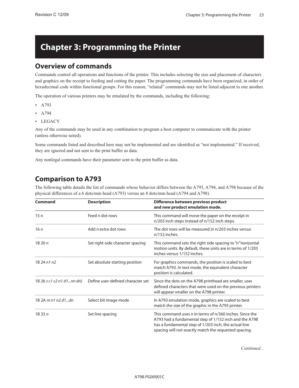 Chapter 3: programming the printer, Overview of commands, Comparison to a793 | CognitiveTPG A798 User Manual | Page 23 / 121