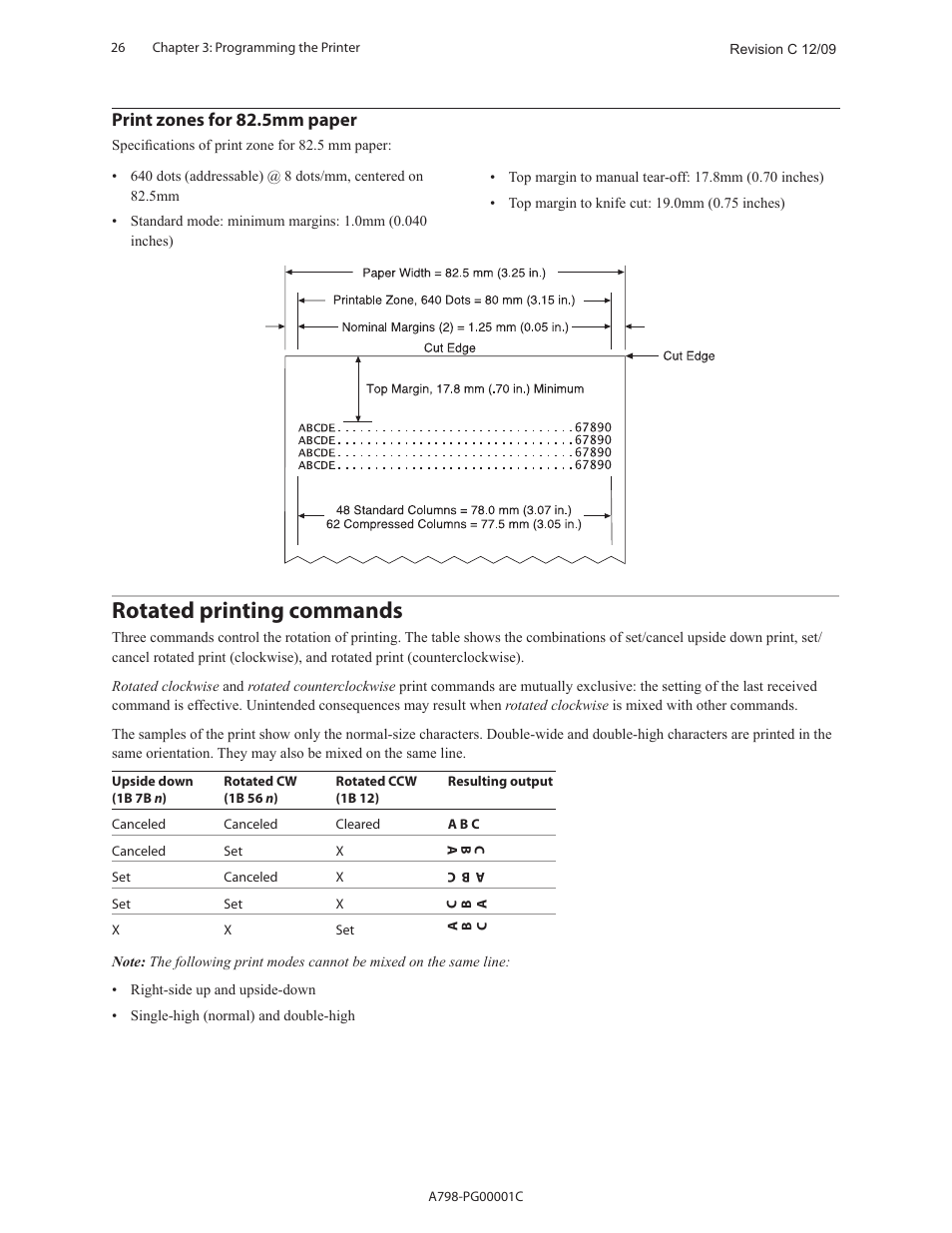 Rotated printing commands, Print zones for 82.5mm paper | CognitiveTPG A798 User Manual | Page 26 / 121