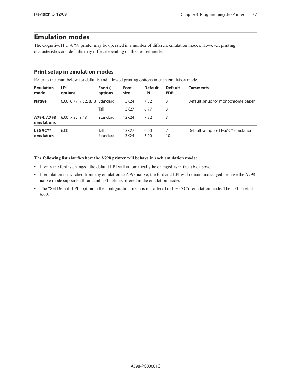 Emulation modes, Print setup in emulation modes | CognitiveTPG A798 User Manual | Page 27 / 121