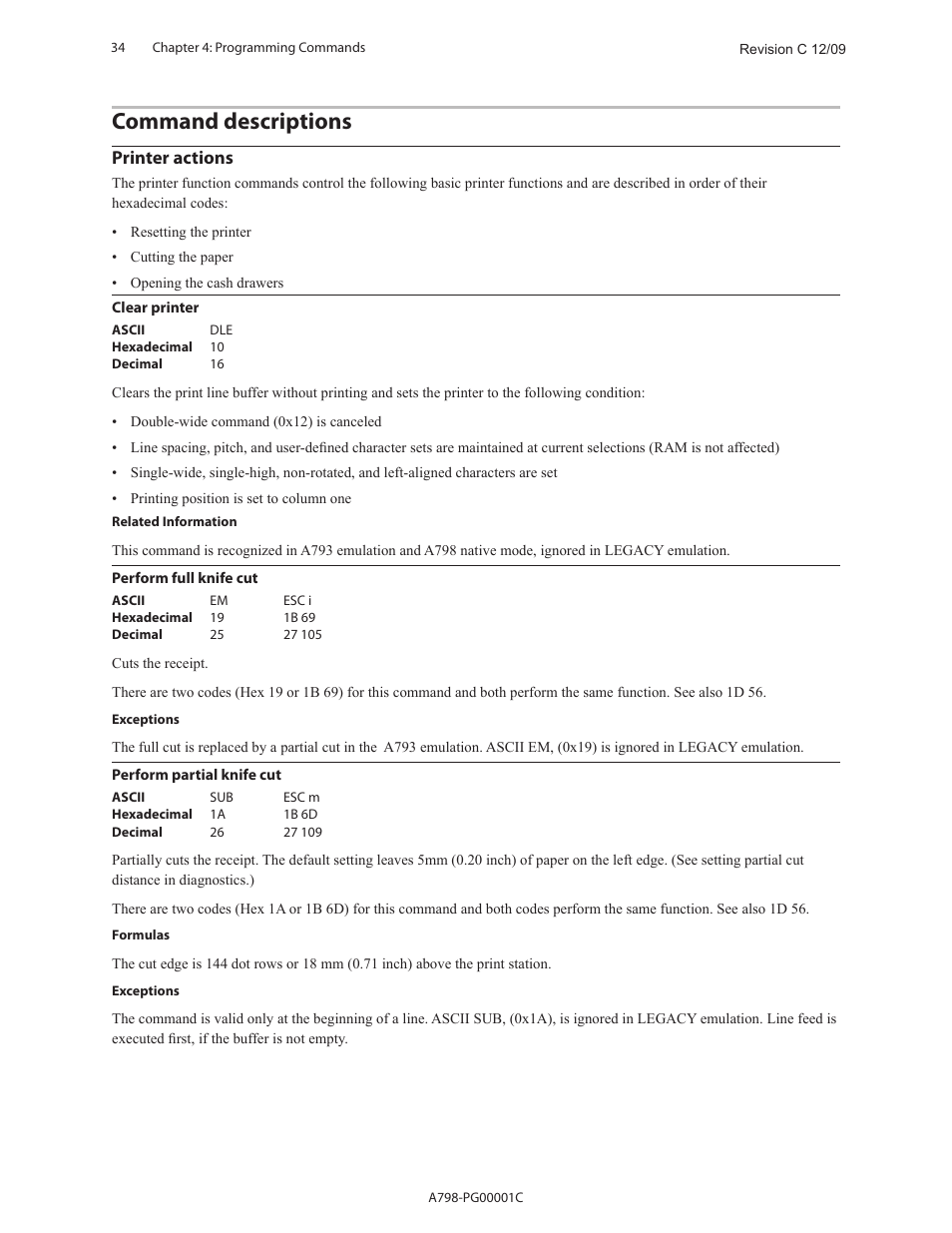 Command descriptions, Printer actions | CognitiveTPG A798 User Manual | Page 34 / 121