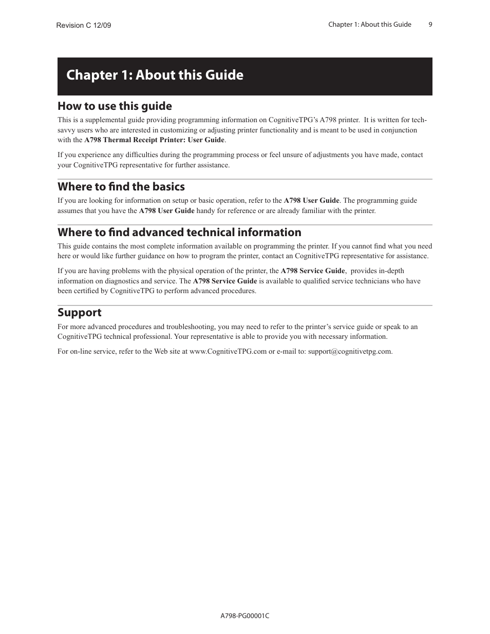 Chapter 1: about this guide, How to use this guide, Where to find the basics | Where to find advanced technical information, Support | CognitiveTPG A798 User Manual | Page 9 / 121