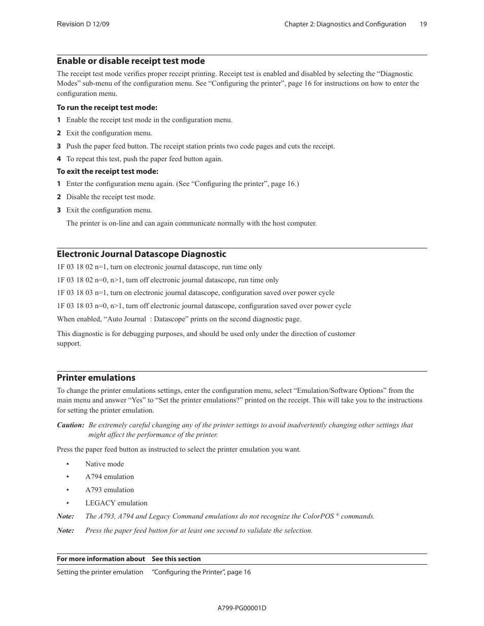 Enable or disable receipt test mode, Electronic journal datascope diagnostic, Printer emulations | CognitiveTPG A799 User Manual | Page 19 / 142