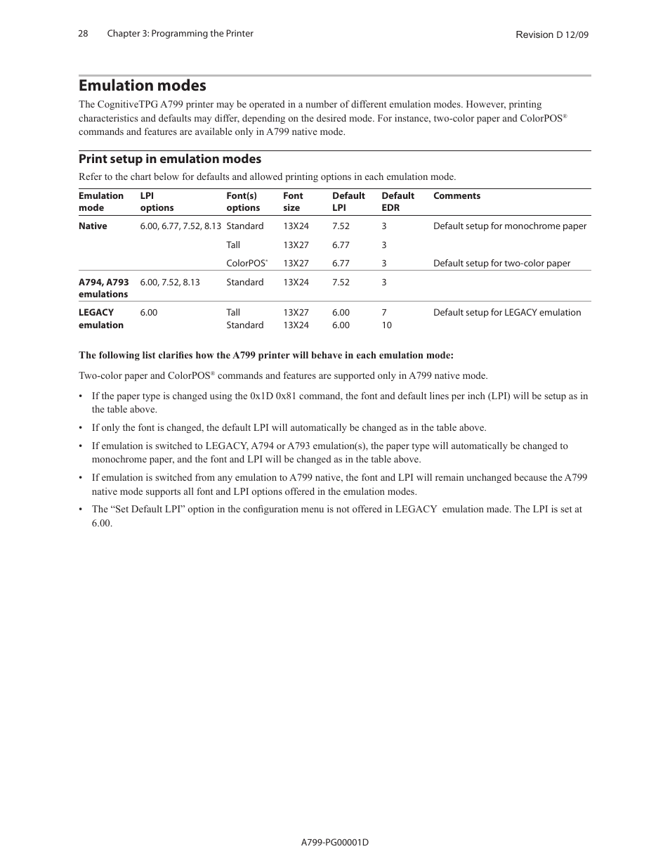 Emulation modes, Print setup in emulation modes | CognitiveTPG A799 User Manual | Page 28 / 142