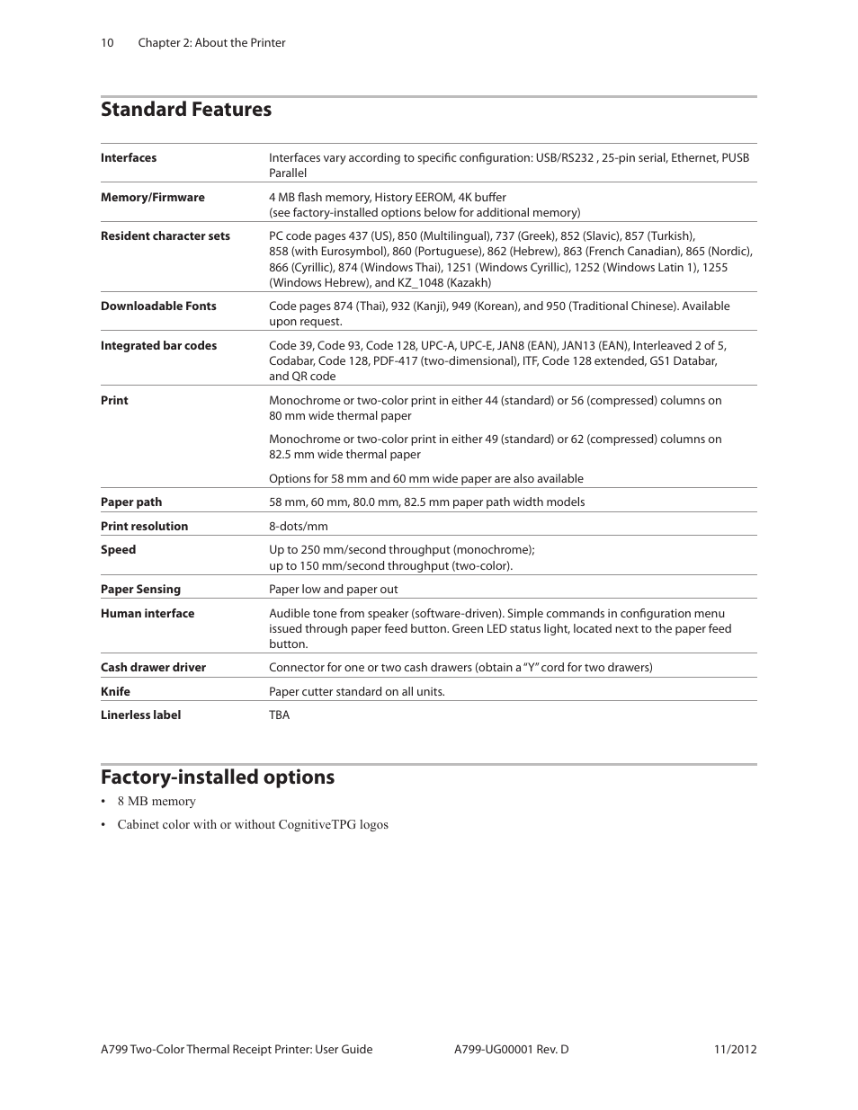 Standard features factory-installed options, Standard features, Factory-installed options | CognitiveTPG A799 User Manual | Page 10 / 36