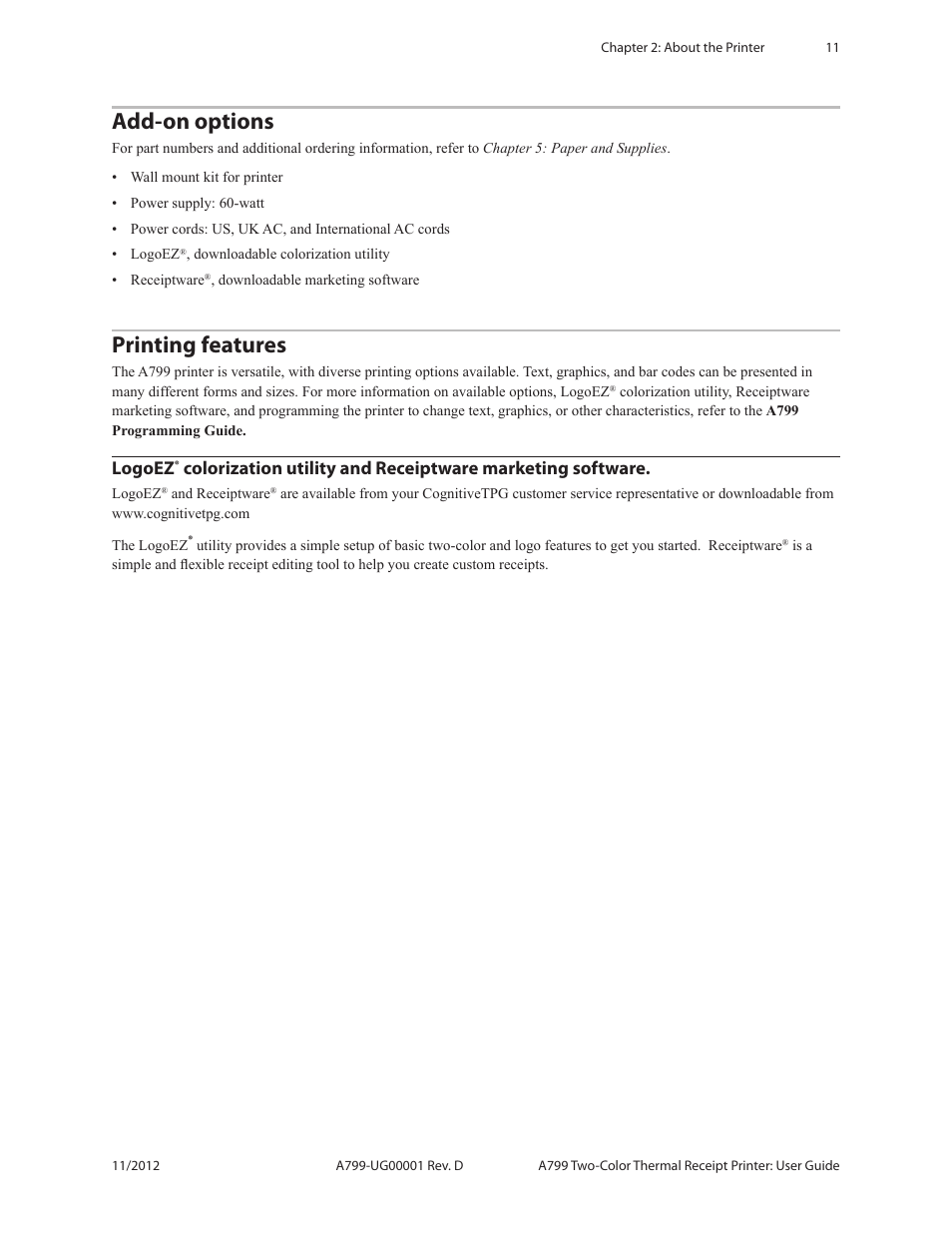 Add-on options printing features logoez, Colorization utility and, Receiptware marketing software | Add-on options, Printing features, Logoez | CognitiveTPG A799 User Manual | Page 11 / 36