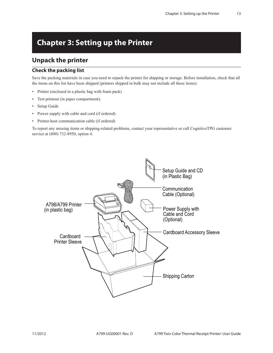 Chapter 3: setting up the printer, Unpack the printer check the packing list, Unpack the printer | CognitiveTPG A799 User Manual | Page 13 / 36