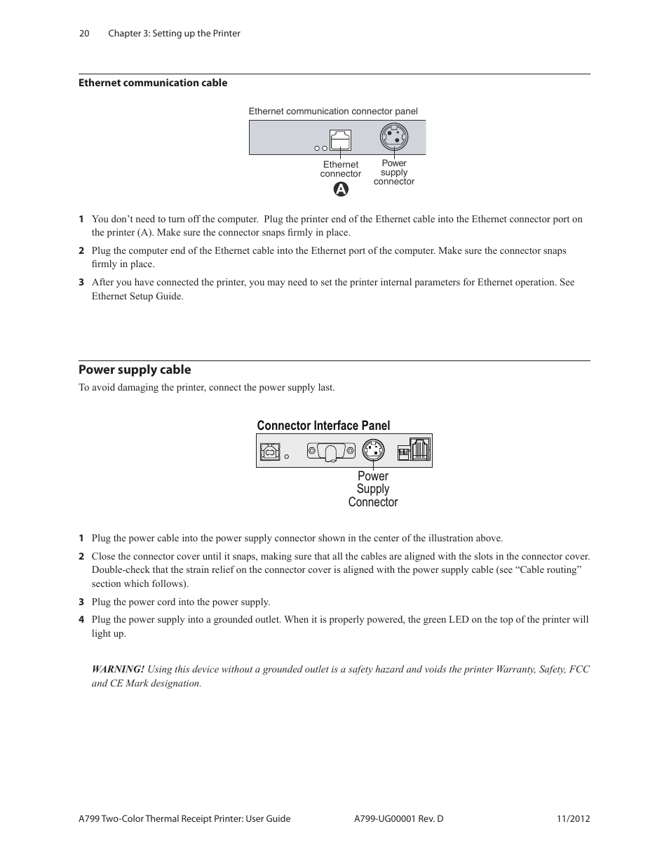 Ethernet communication cable, Power supply cable, Power supply connector connector interface panel | CognitiveTPG A799 User Manual | Page 20 / 36
