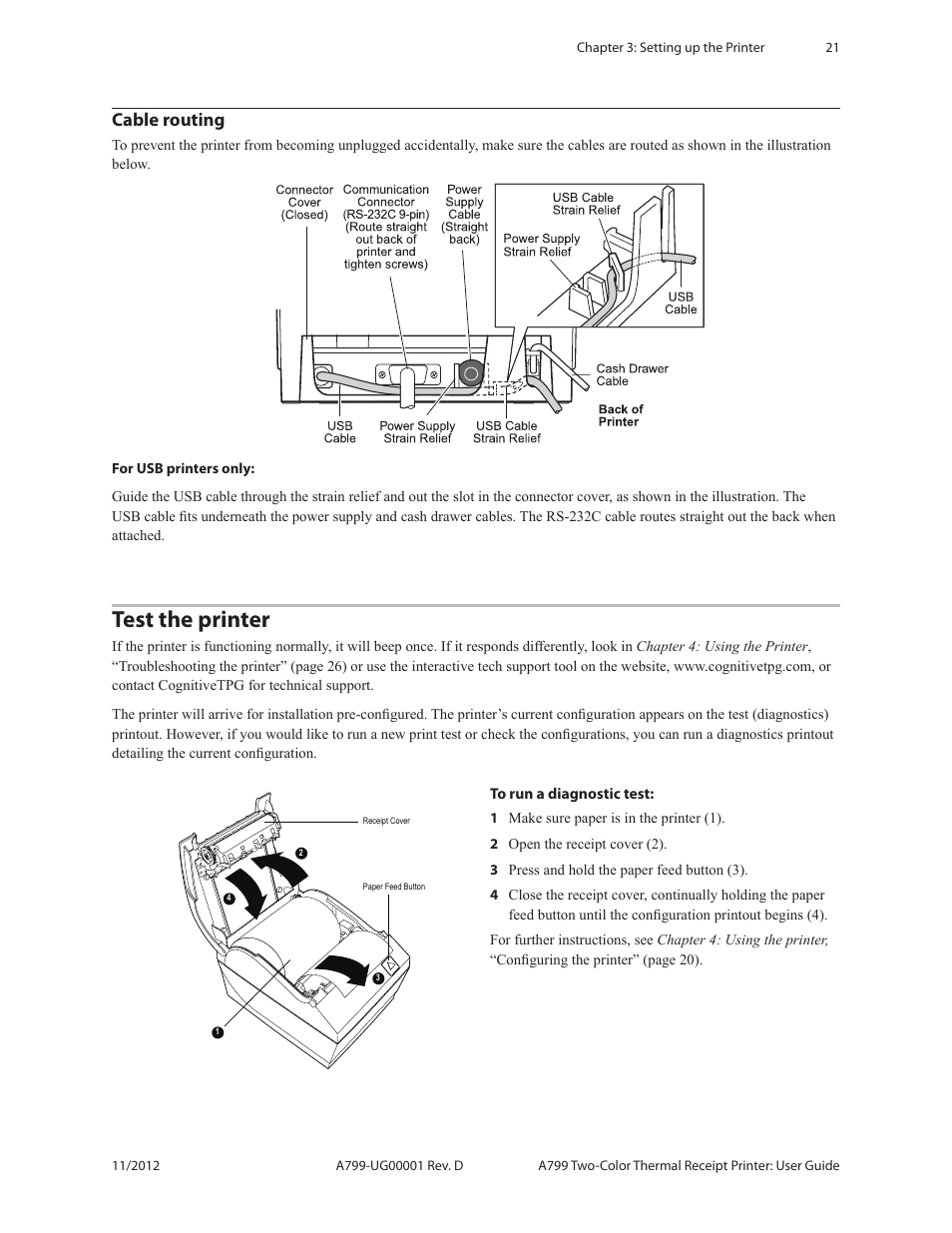 Cable routing test the printer, Test the printer, Cable routing | CognitiveTPG A799 User Manual | Page 21 / 36