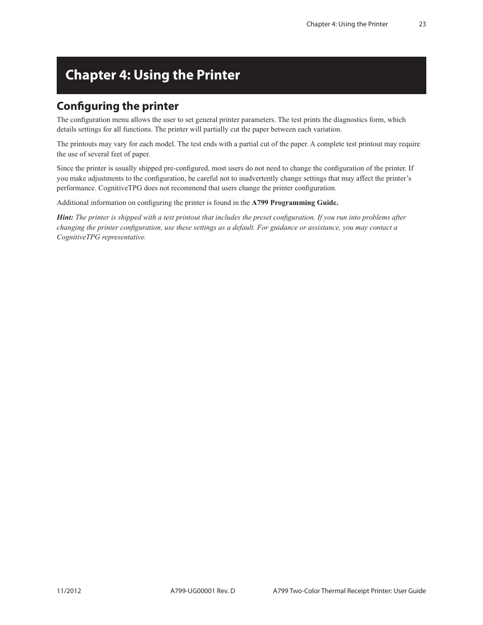 Chapter 4: using the printer, Configuring the printer | CognitiveTPG A799 User Manual | Page 23 / 36