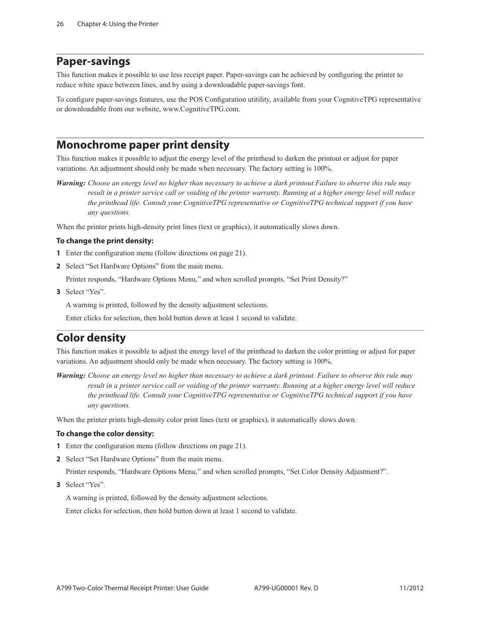 Paper-savings, Monochrome paper print density, Color density | CognitiveTPG A799 User Manual | Page 26 / 36
