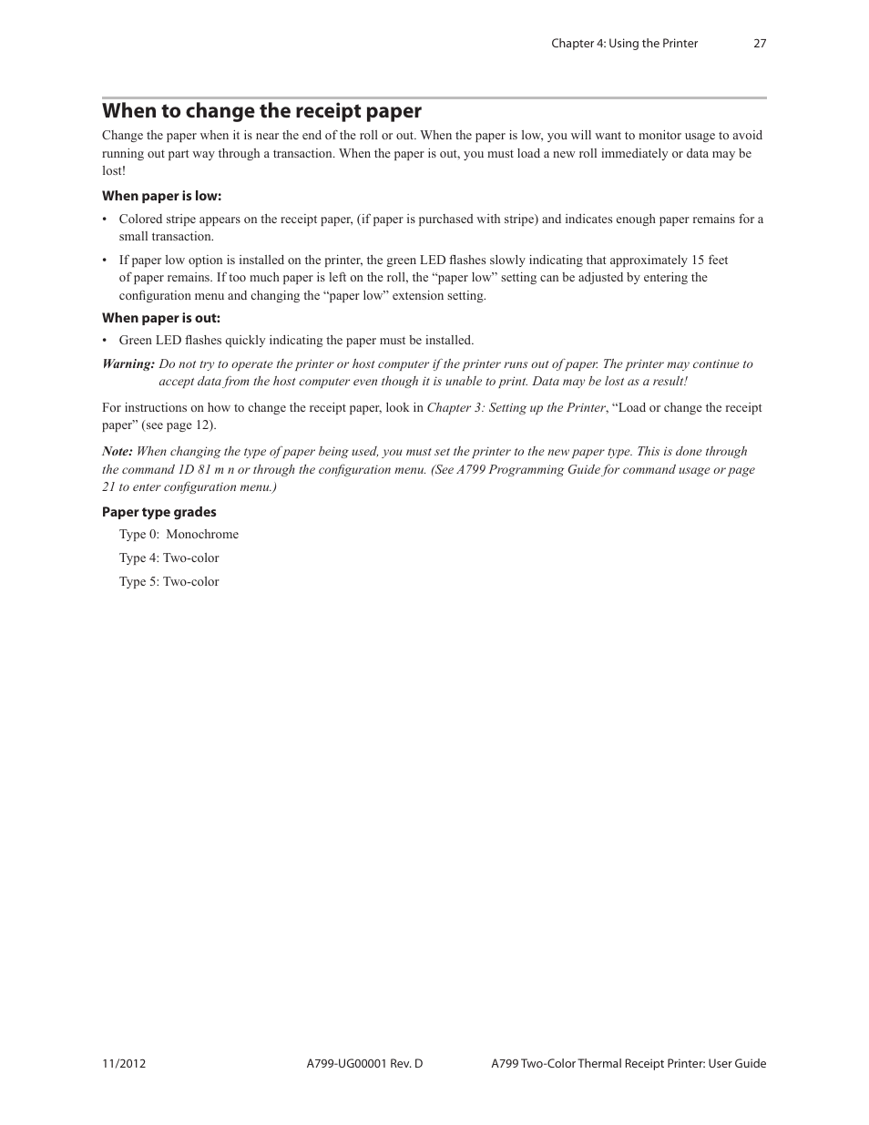 When to change the receipt paper | CognitiveTPG A799 User Manual | Page 27 / 36