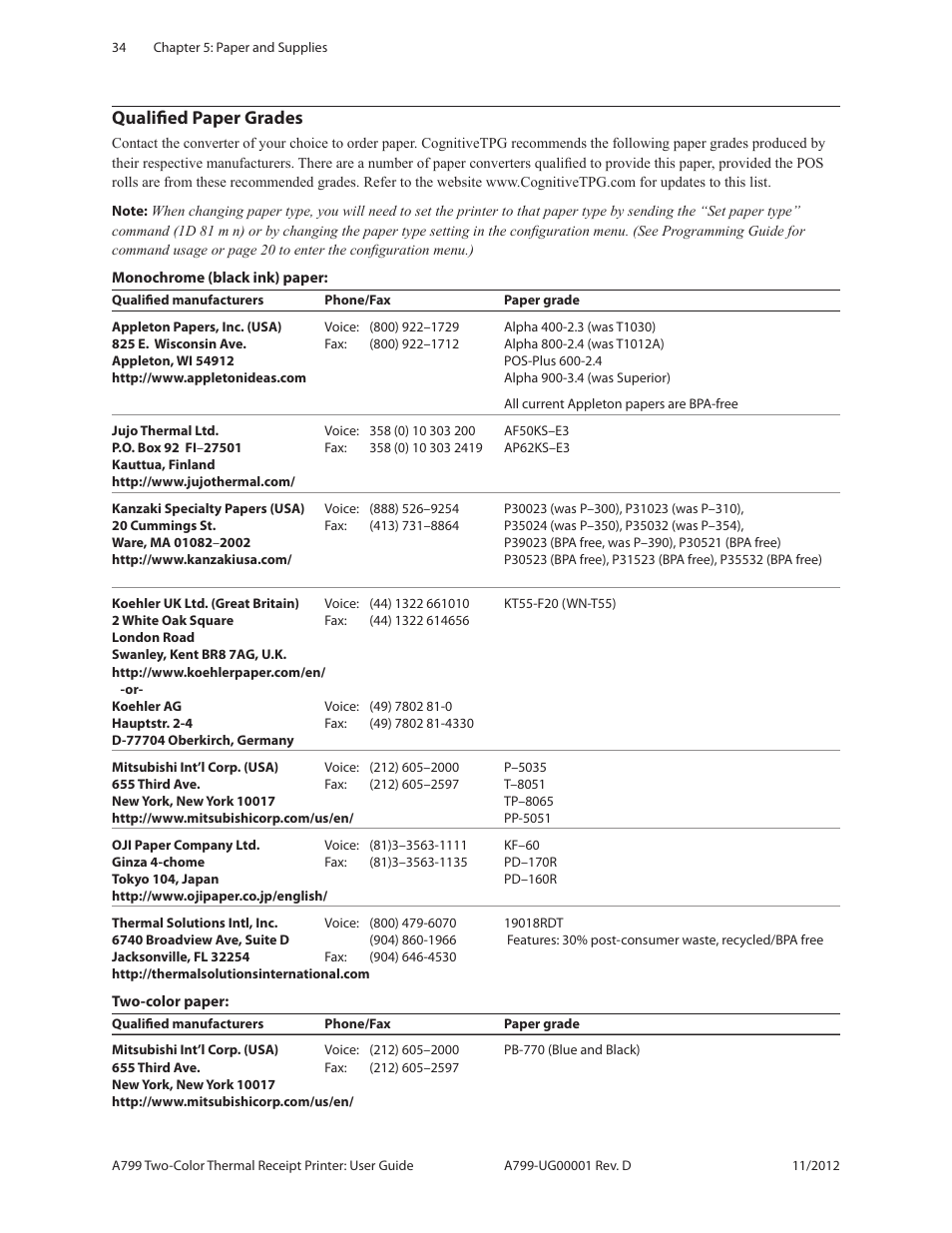 Qualified paper grades, See chapter 5 for a list | CognitiveTPG A799 User Manual | Page 34 / 36