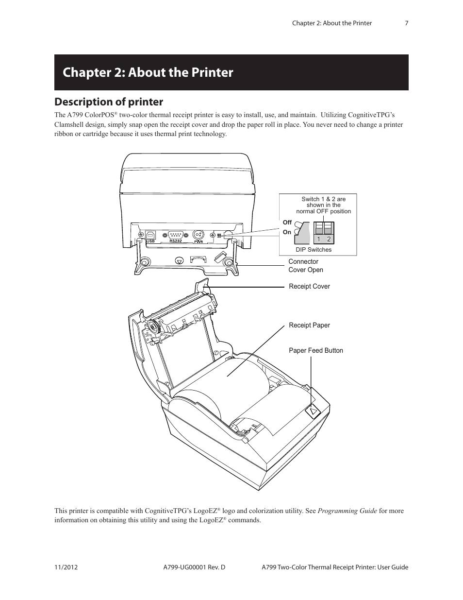 Chapter 2: about the printer, Description of printer | CognitiveTPG A799 User Manual | Page 7 / 36