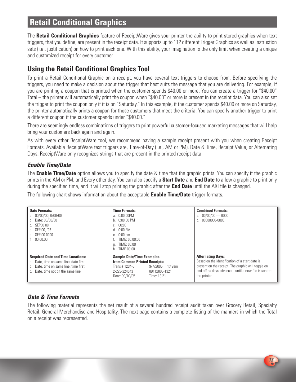 Retail conditional graphics, Using the retail conditional graphics tool, Enable time/date | Date & time formats | CognitiveTPG A776 User Manual | Page 13 / 32