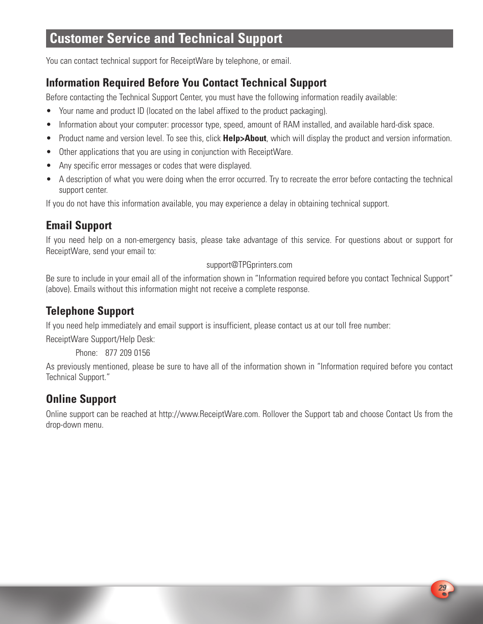 Customer service and technical support, Email support, Telephone support | Online support | CognitiveTPG A776 User Manual | Page 29 / 32