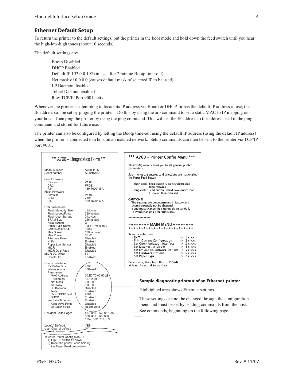 A760 – diagnostics form, Ethernet default setup | CognitiveTPG A799 User Manual | Page 4 / 10