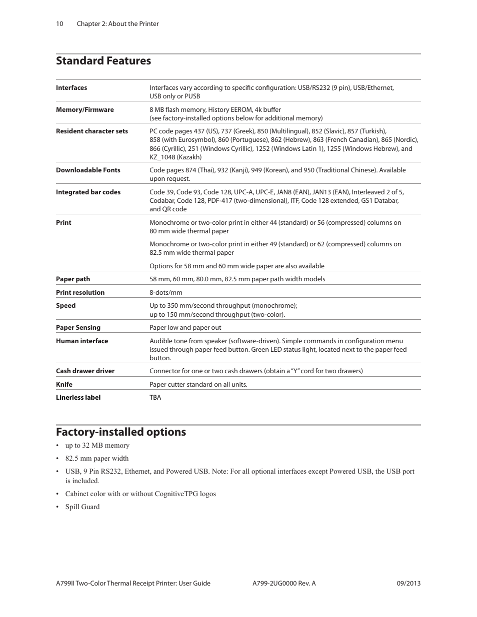 Standard features factory-installed options, Standard features, Factory-installed options | CognitiveTPG A799II User Manual | Page 10 / 36