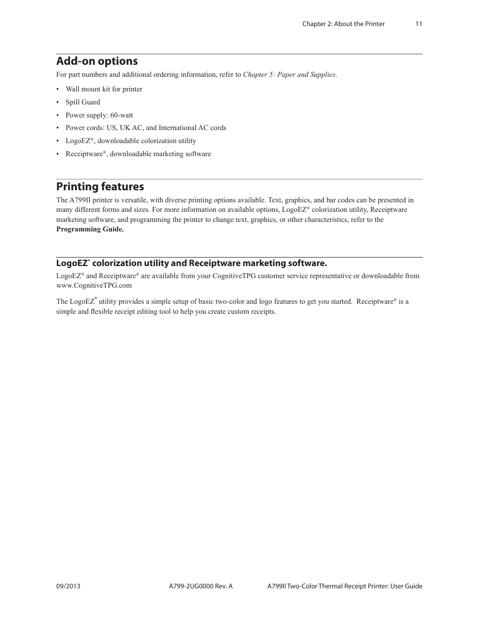 Add-on options printing features logoez, Colorization utility, And receiptware marketing software | Add-on options, Printing features, Logoez | CognitiveTPG A799II User Manual | Page 11 / 36