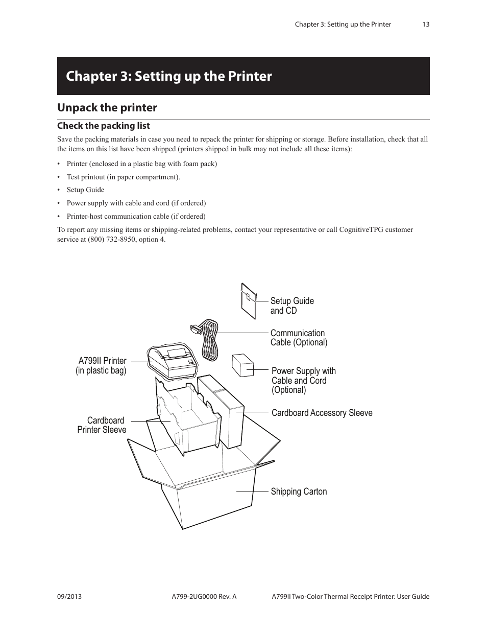 Chapter 3: setting up the printer, Unpack the printer check the packing list, Unpack the printer | CognitiveTPG A799II User Manual | Page 13 / 36