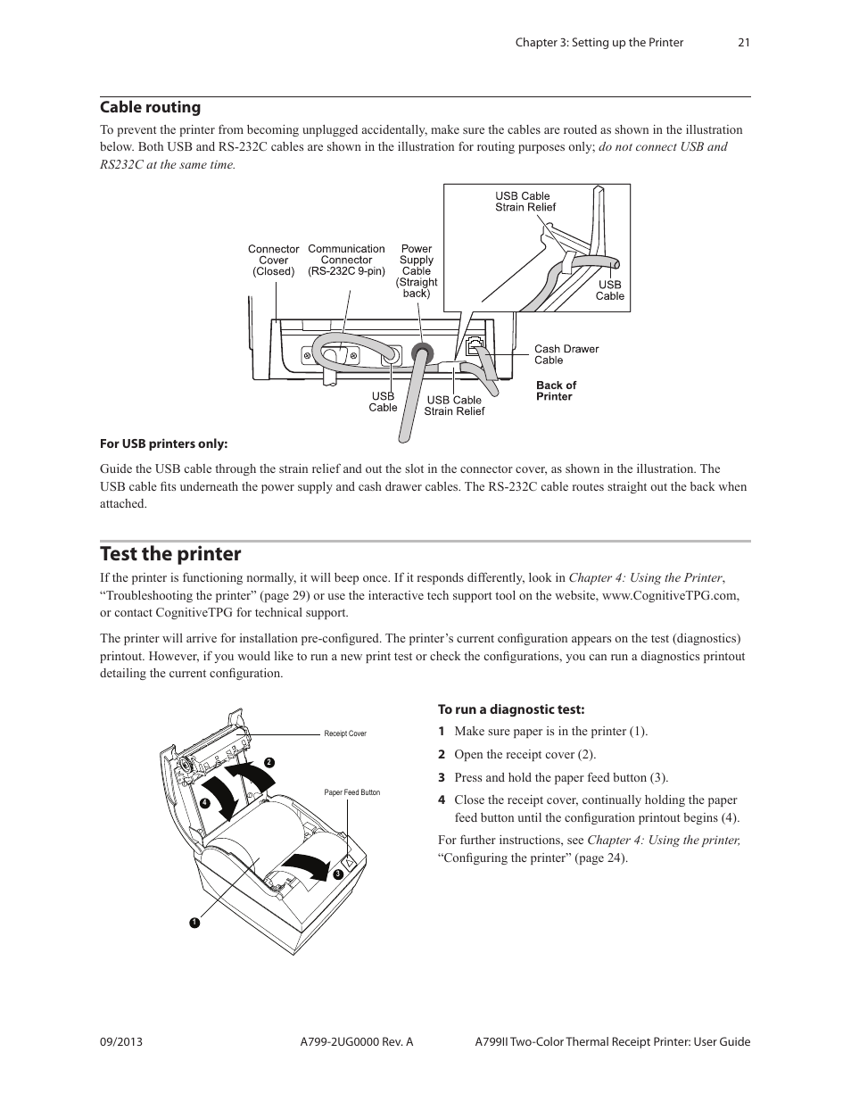 Cable routing test the printer, Test the printer, Cable routing | CognitiveTPG A799II User Manual | Page 21 / 36