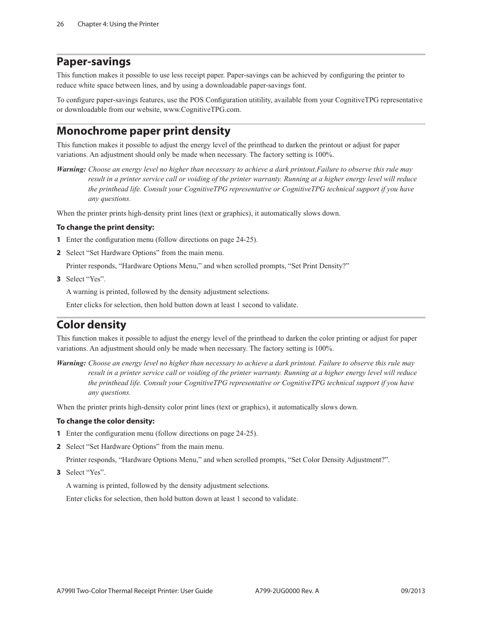 Paper-savings, Monochrome paper print density, Color density | CognitiveTPG A799II User Manual | Page 26 / 36