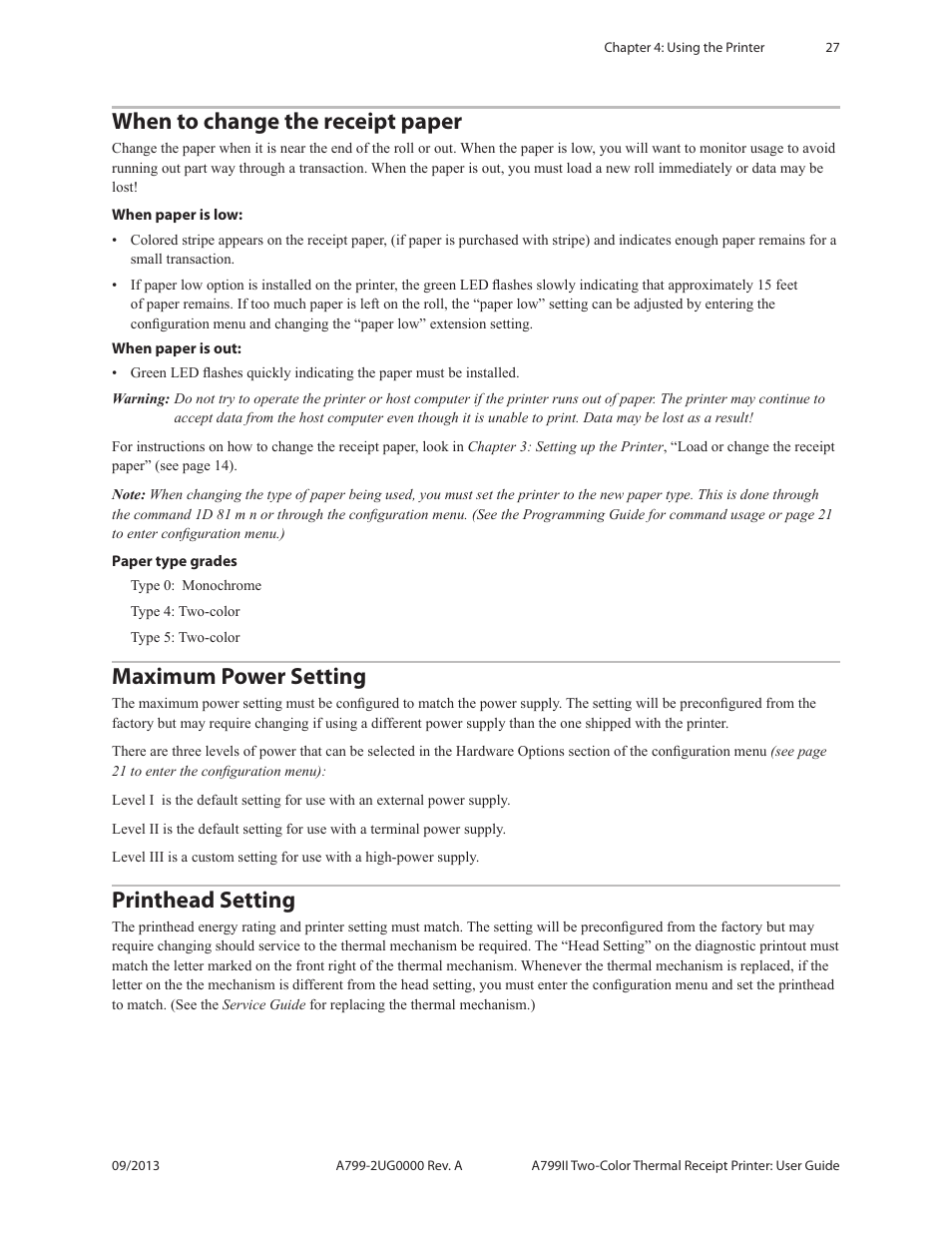 When to change the receipt paper, Maximum power setting, Printhead setting | CognitiveTPG A799II User Manual | Page 27 / 36