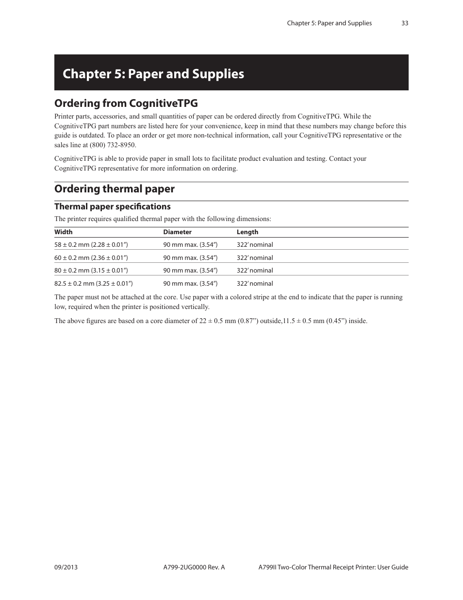 Chapter 5: paper and supplies, Ordering thermal paper, Ordering from cognitivetpg | CognitiveTPG A799II User Manual | Page 33 / 36
